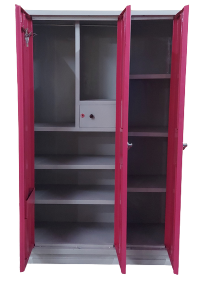 Bowzar 26 Gauge 3 Door Steel Almirah Wardrobe Light Weight with Mirror Pink