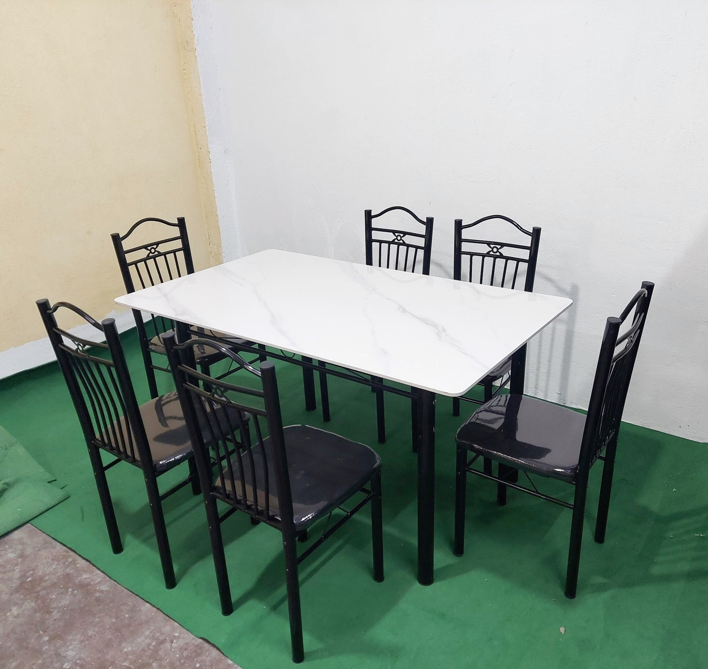 Bowzar 6 Seater Metal Dining Set with Ceramic Marble Top White