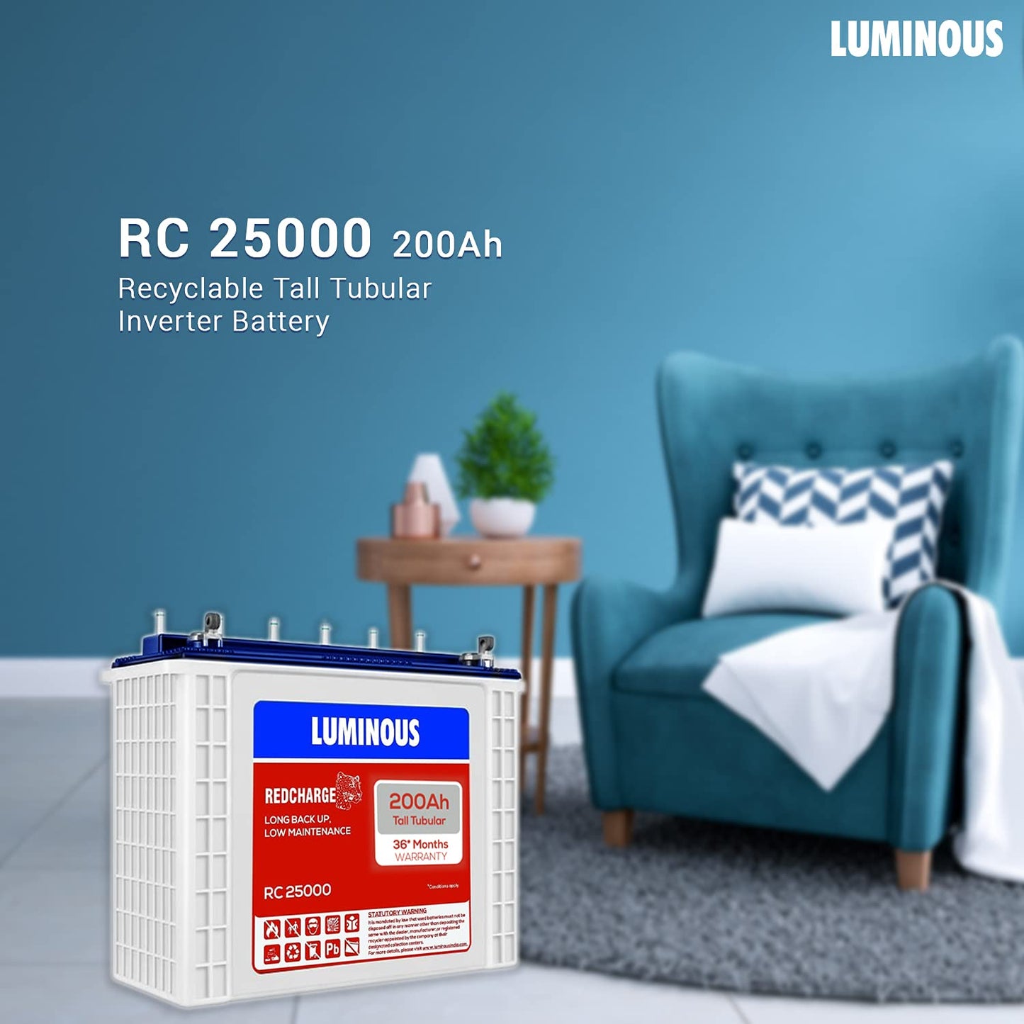 Luminous RC25000 Tall Tubular Inverter Battery 200Ah Warranty 36 Months