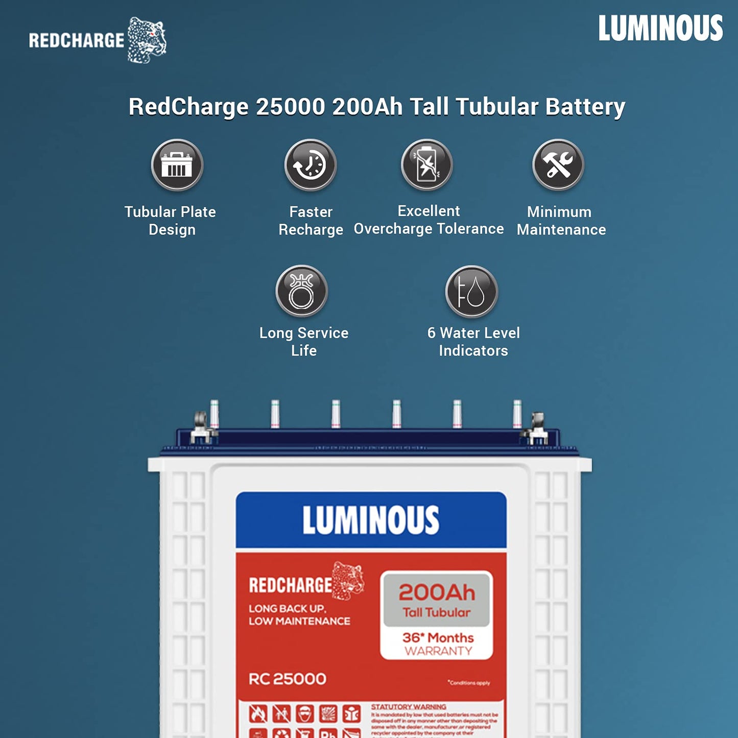 Luminous RC25000 Tall Tubular Inverter Battery 200Ah Warranty 36 Months