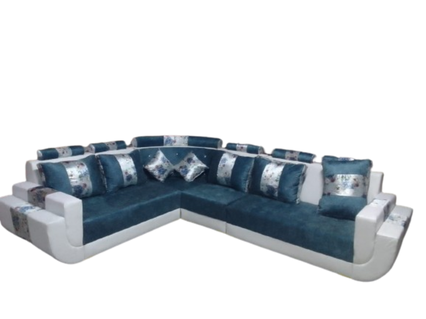Bowzar Luxury Wooden Sofa 5 (2+2+1) Seater L Shame with Center Table and 1 Piece Stool Torquise